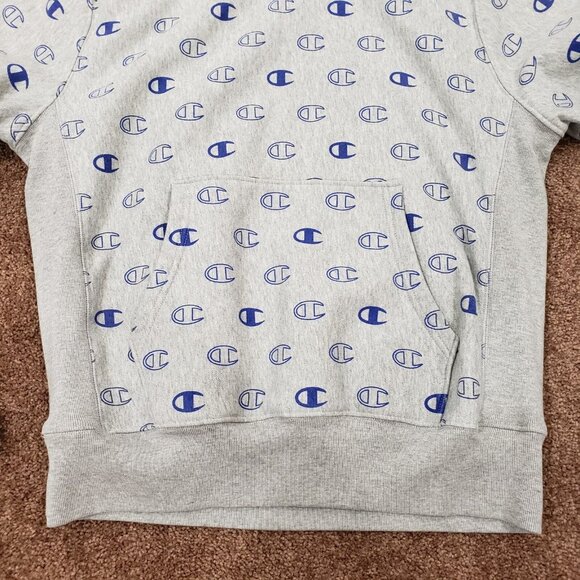 Champion Reverse Weave Mens Medium M Hoodie Sweatshirt Gray Grey Logo All Over - Picture 6 of 12